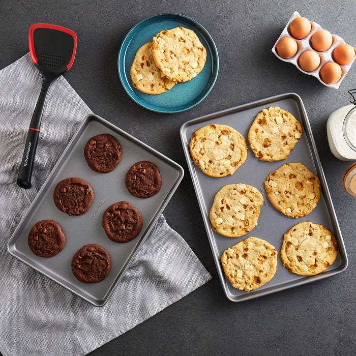 Chocolate chip cookies on 2 oven trays