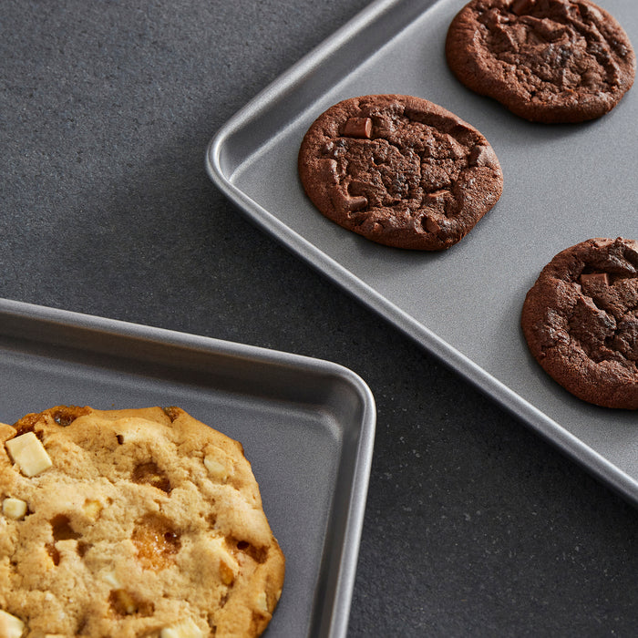 Chocolate chip cookies on an oven tray