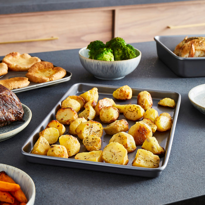 Roast potatoes on an oven tray