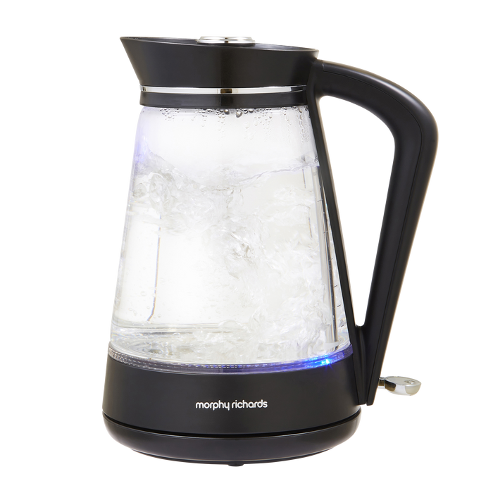 Glass electric kettle with black handle and base on a white background, featuring the Morphy Richards brand.
