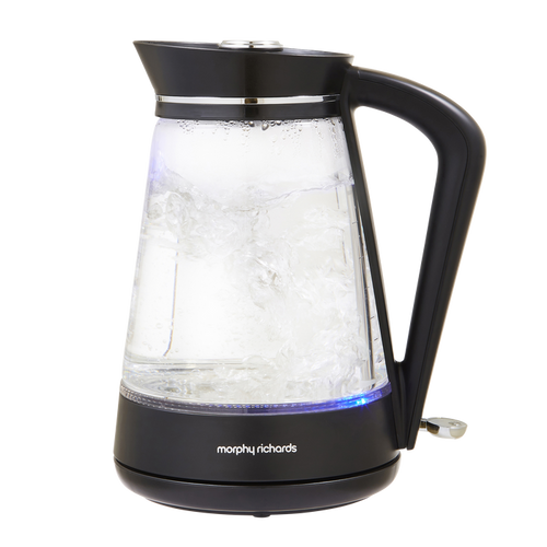 Glass electric kettle with black handle and base on a white background, featuring the Morphy Richards brand.
