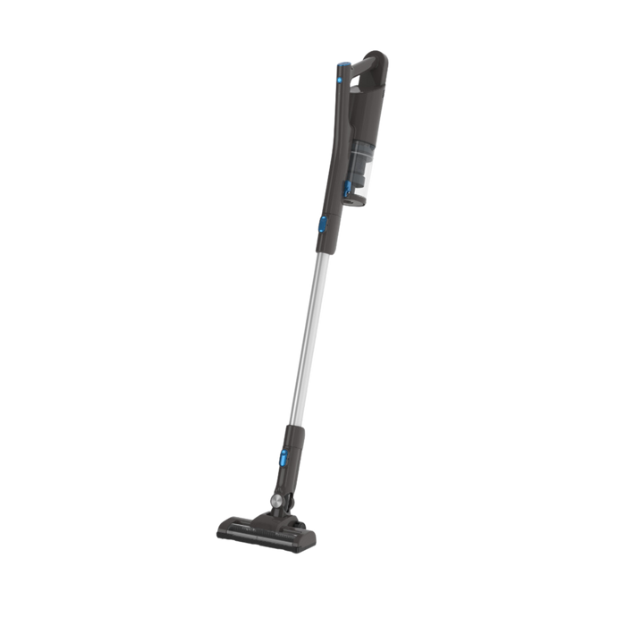 A cordless stick vacuum cleaner in a two-tone color scheme, predominantly gray and black, with a illuminated floorhead and a dust canister at the bottom.