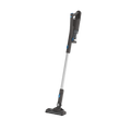 A cordless stick vacuum cleaner in a two-tone color scheme, predominantly gray and black, with a illuminated floorhead and a dust canister at the bottom.