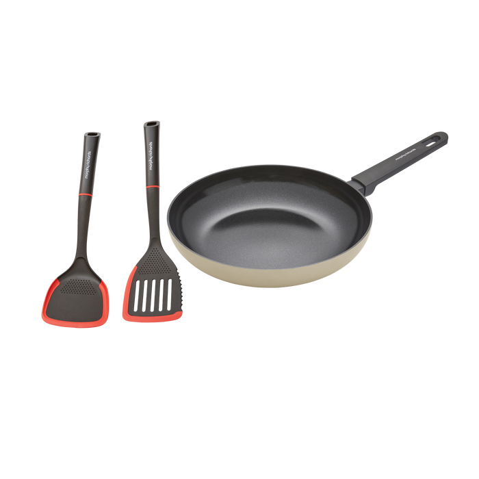 Set of frying pan and two spatulas on a white background