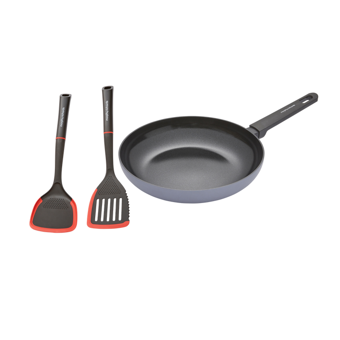 Set of frying pan and two spatulas on a white background