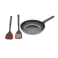 Set of frying pan and two spatulas on a white background