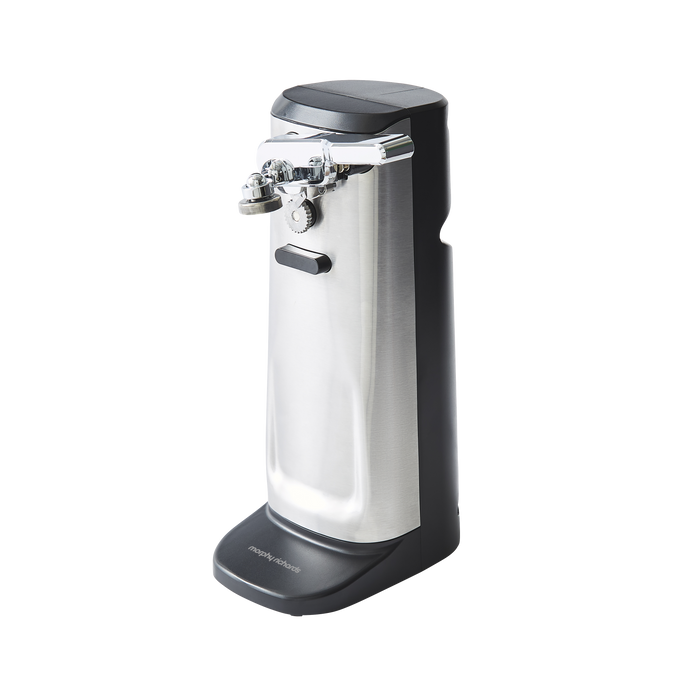 A silver and black Morphy Richards 3-in-1 Electric Tin Can Opener with knife sharpener and bottle opener features.