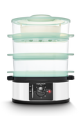 A 3 Tier Food Steamer with green and white color scheme, featuring a control panel at the front.
