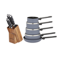 Set of pans and knives block