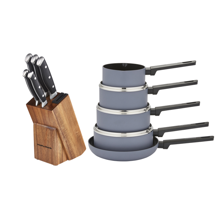 Set of pans and knives block