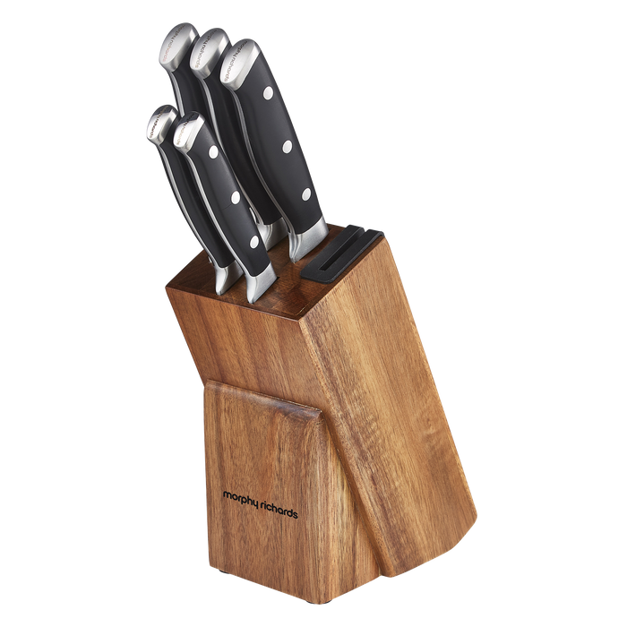 Set of knives in a wooden block with Morphy Richards logo on a white background