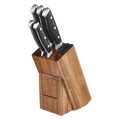Set of knives in a wooden block with Morphy Richards logo on a white background