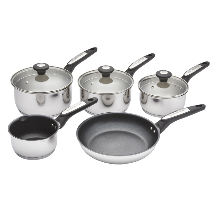 Set of cookware including pots and a frying pan on a white background