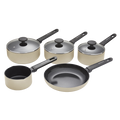 Set of cookware including pots, pans, and lids on a white background