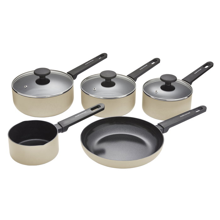Set of cookware including pots, pans, and lids on a white background
