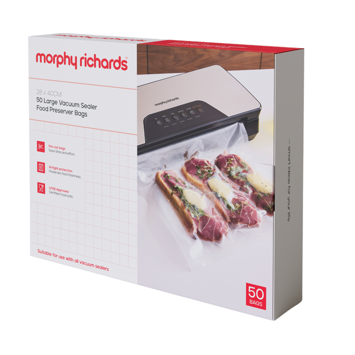 A box of Morphy Richards 50x Large Vacuum Sealer Bags, with an image of the bags on a countertop next to a vacuum sealer machine, preserving food.