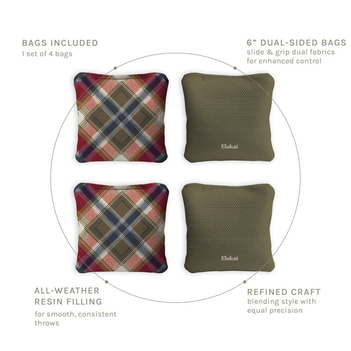 6-in Dual-Sided Cornhole Bags | Plaid Collection - Rustic Tartan Plaid Olive Green EGCB66TS-54 | American Cornhole Association