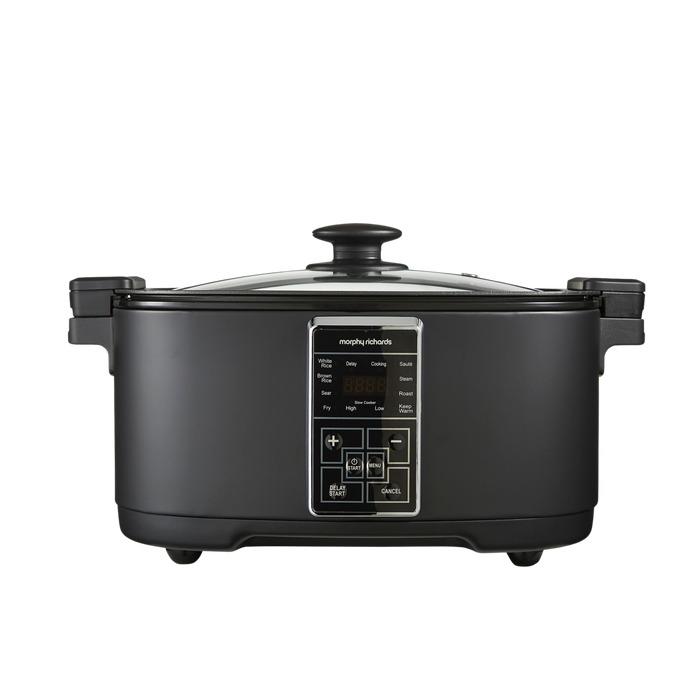 A black Morphy Richards 6.5L Multifunction 10-in-1 Food Cooker with a glass lid and control panel.