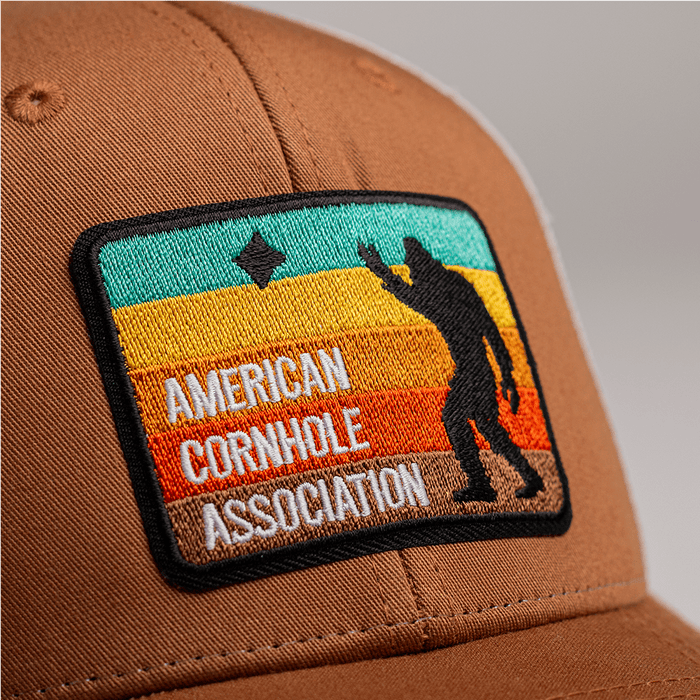 ACA Tan and Cream Richardson Snapback Trucker Hat with Retro Sasquatch Patch, Tan - American Cornhole Association