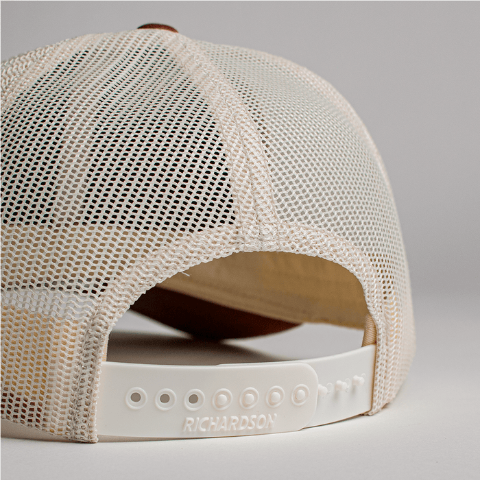 ACA Tan and Cream Richardson Snapback Trucker Hat with Retro Sasquatch Patch, Tan - American Cornhole Association
