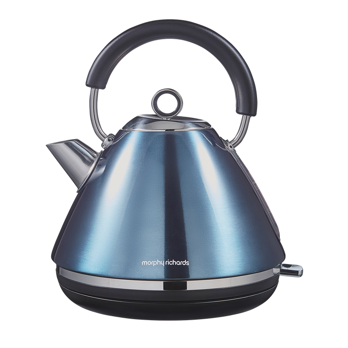 Blue electric kettle with black handle on a white background