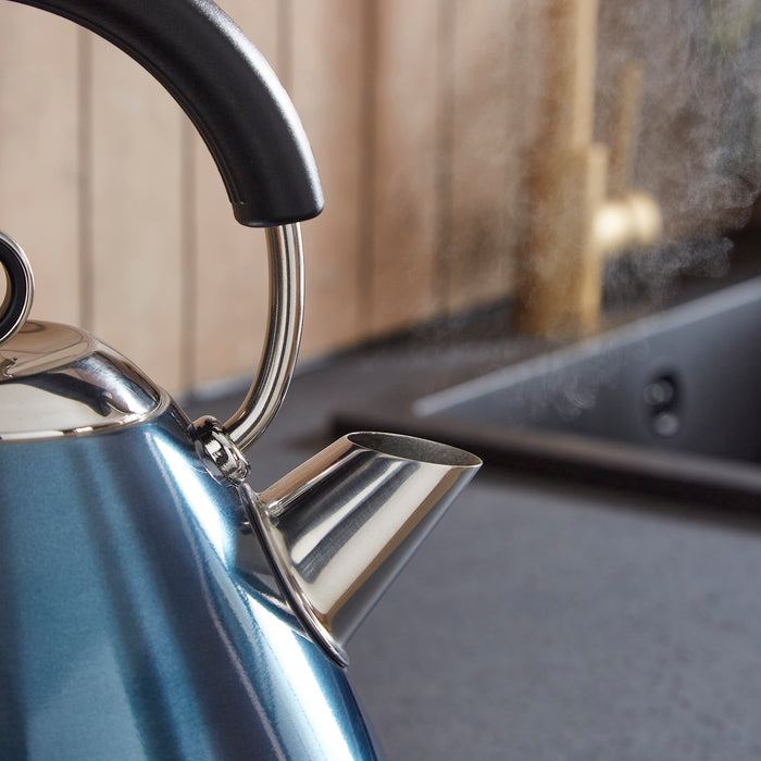 Close-up of a metallic kettle with steam rising, blurred kitchen background