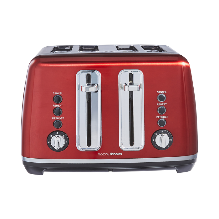 Red toaster with silver accents on a white background