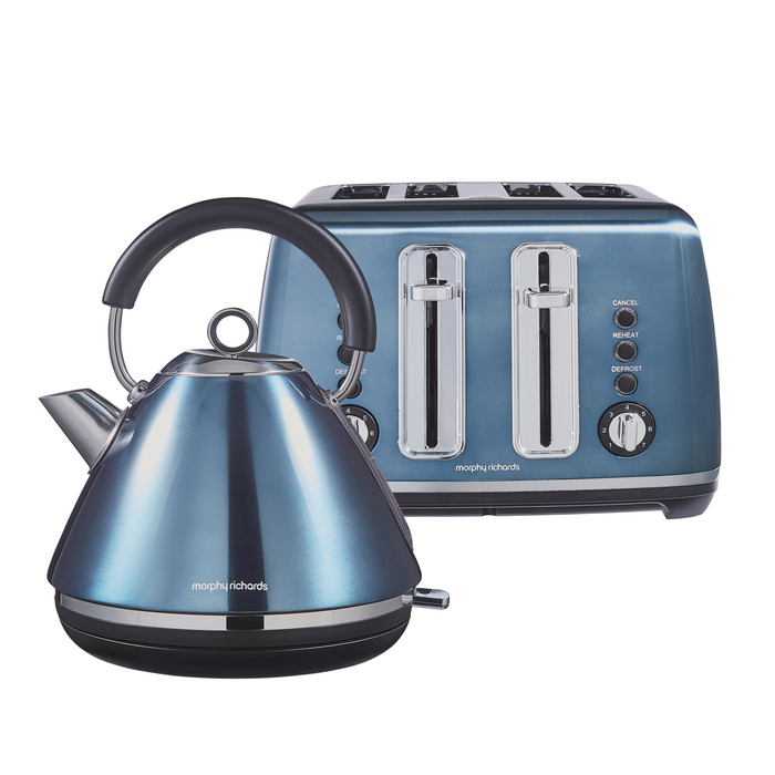 Blue kettle and toaster set on a white background