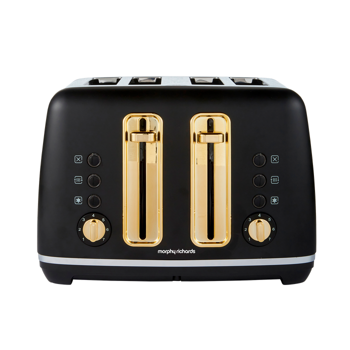 Black toaster with gold accents on a white background