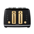 Black toaster with gold accents on a white background