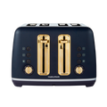 Navy blue toaster with gold accents on a white background