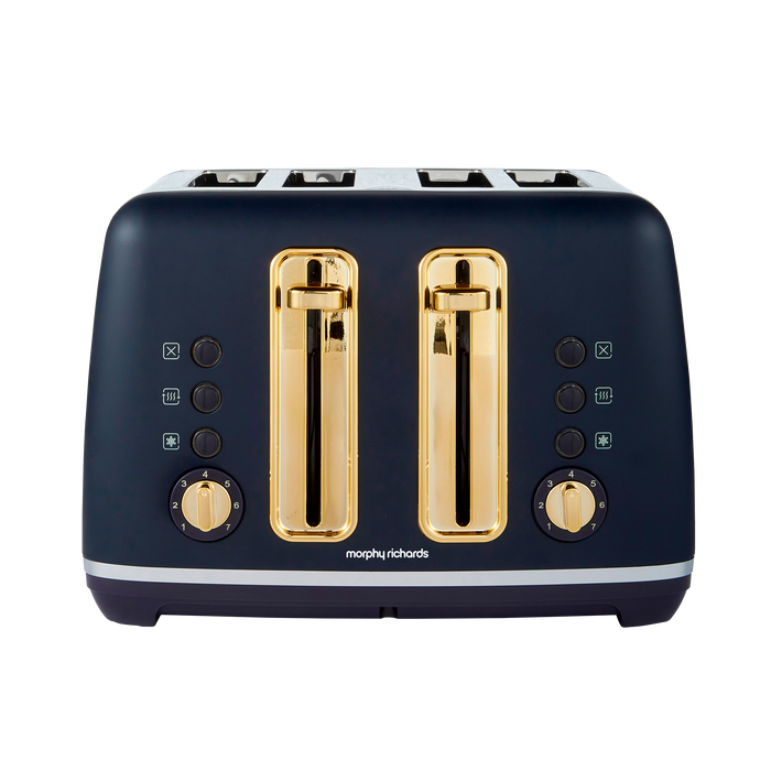 Navy blue toaster with gold accents on a white background