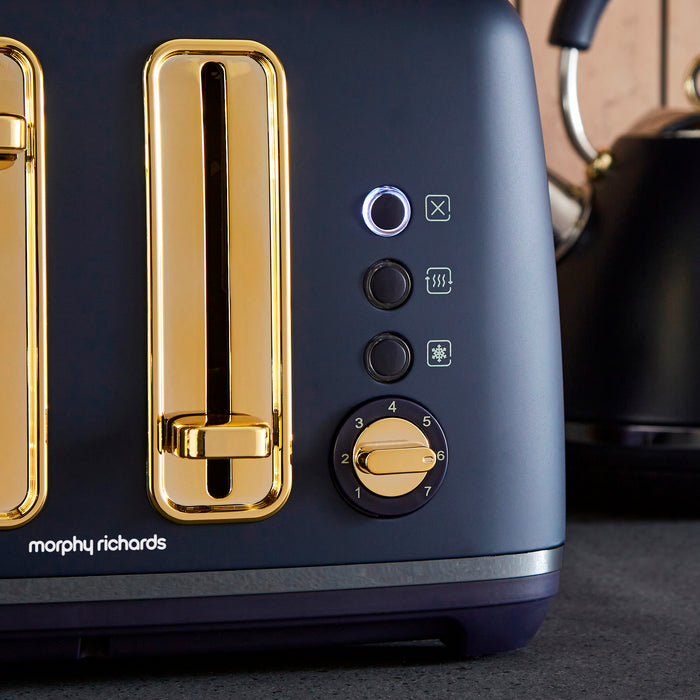 Blue toaster with gold accents and Morphy Richards branding.