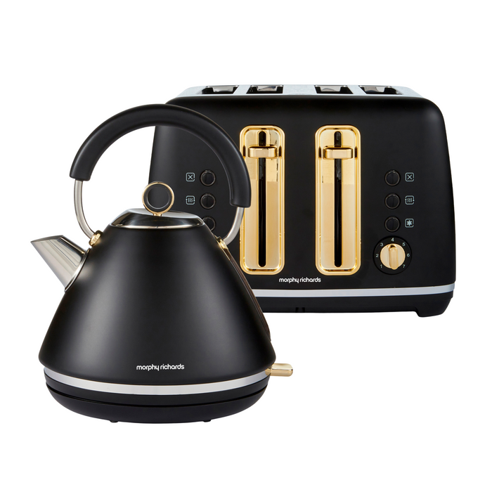 Black kettle and toaster set with gold accents on a white background