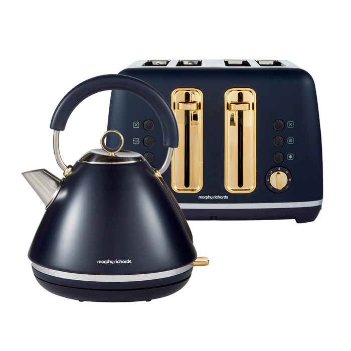 Navy blue kettle and toaster with gold accents on a white background