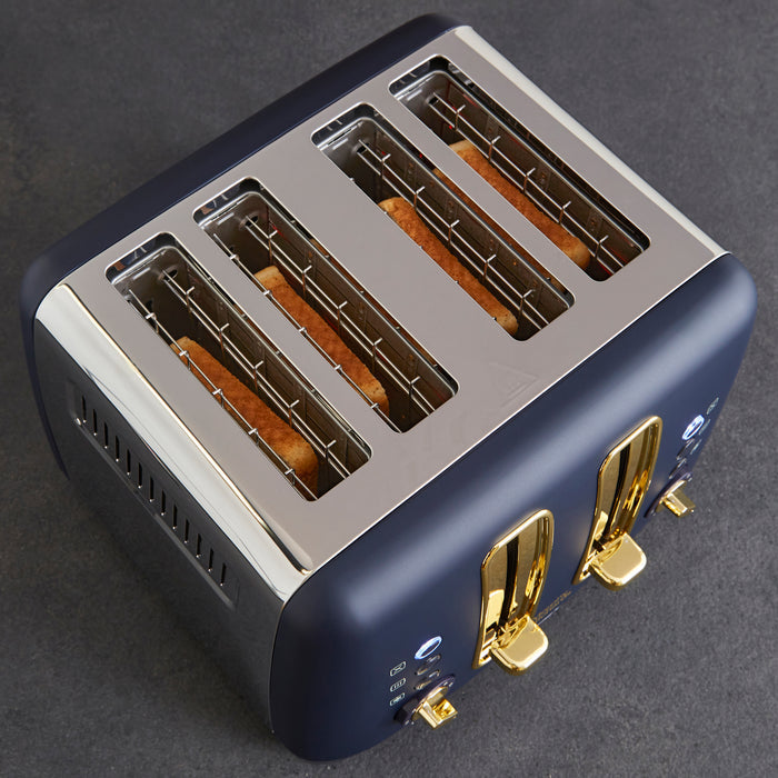 Blue toaster with gold accents on a dark grey background