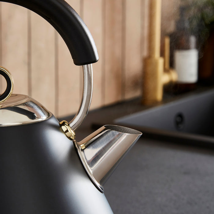 Close-up of a black and silver kettle with a blurred kitchen background