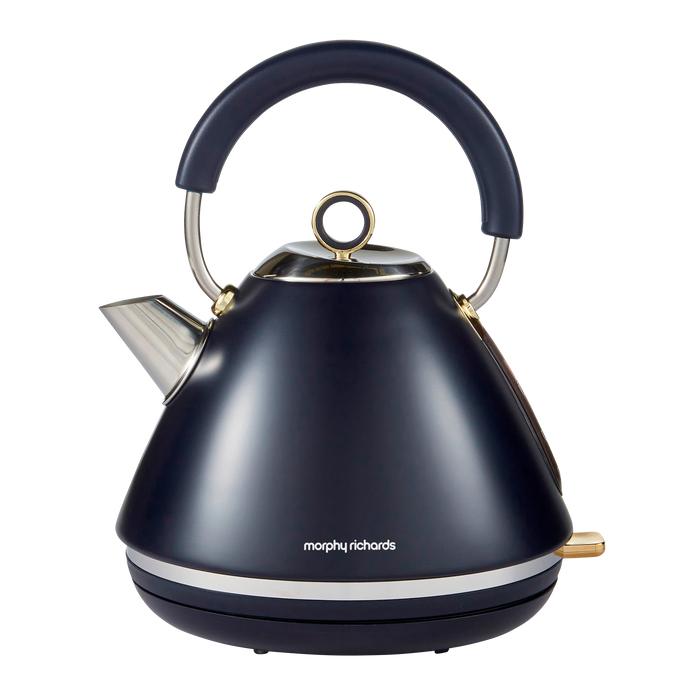 Black electric kettle with a blue handle on a white background