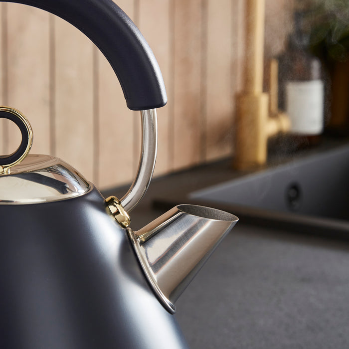 Metallic kettle with black handle on a kitchen counter