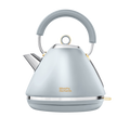 A Morphy Richards Accents Gold Pyramid Kettle in ocean grey with classy gold accents and a pyramid silhouette.