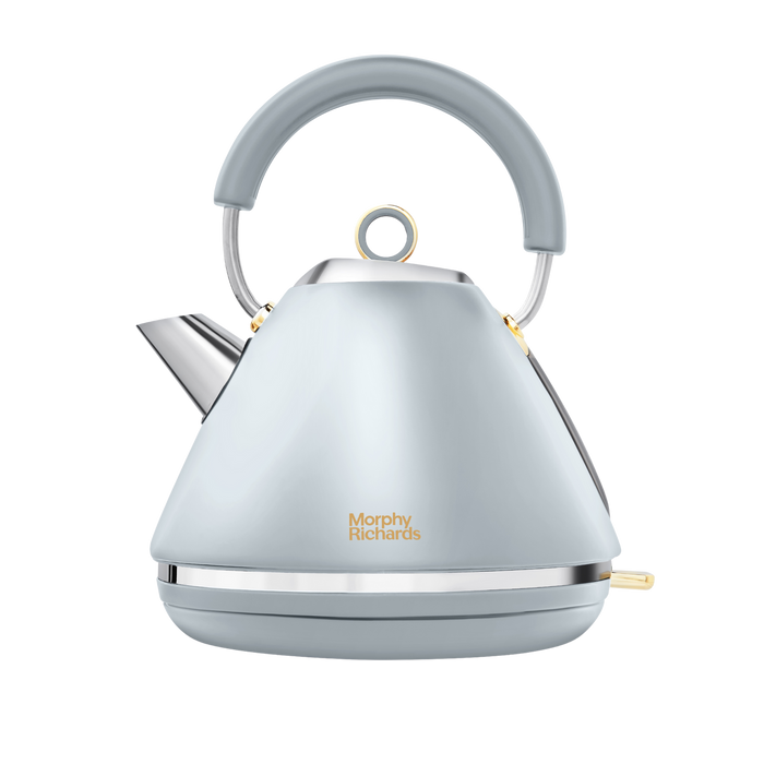 A Morphy Richards Accents Gold Pyramid Kettle in ocean grey with classy gold accents and a pyramid silhouette.