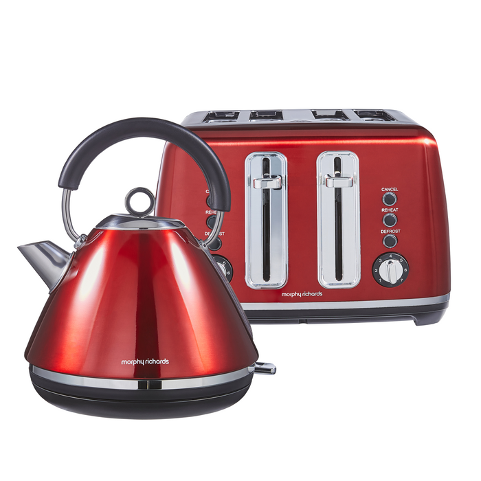 Red kettle and toaster set on a white background