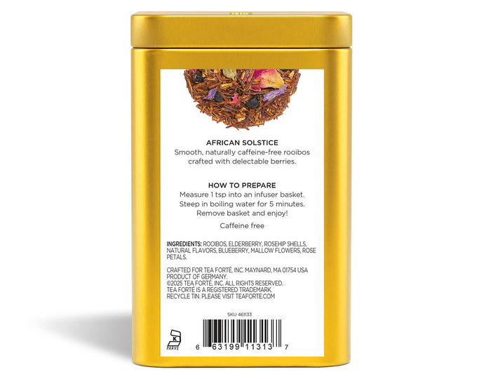 African Solstice tea in a Loose Leaf Tea Canister, back view