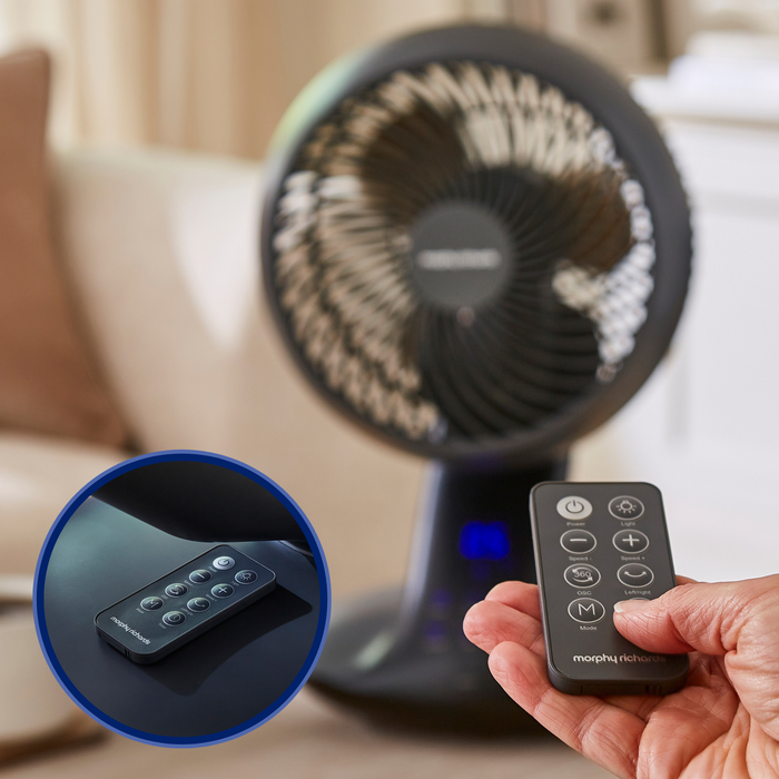 Person holding a remote control in front of a fan with a close-up inset of the remote.