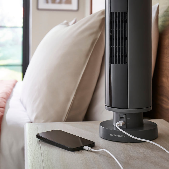 Air Flex 14" Personal Cooling Tower Fan with Built-In Device Charger - Grey