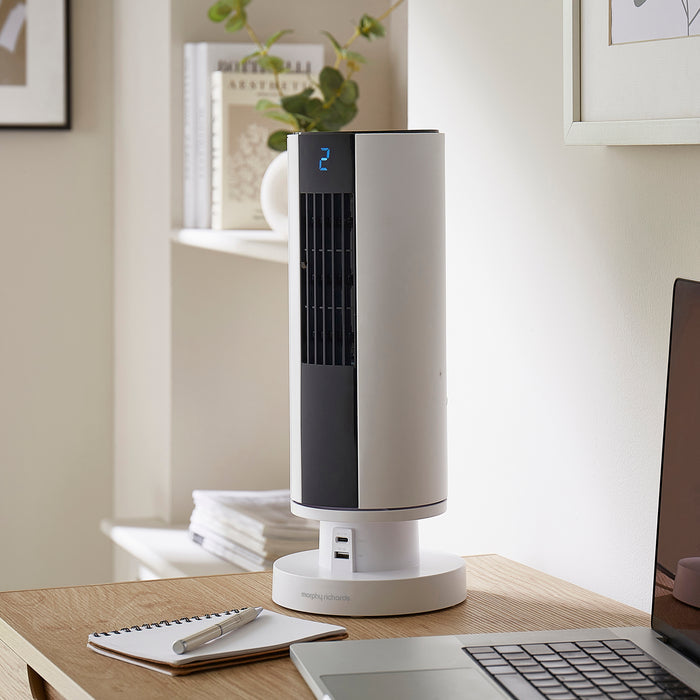 Air Flex 14" Personal Cooling Tower Fan with Built-In Device Charger - White