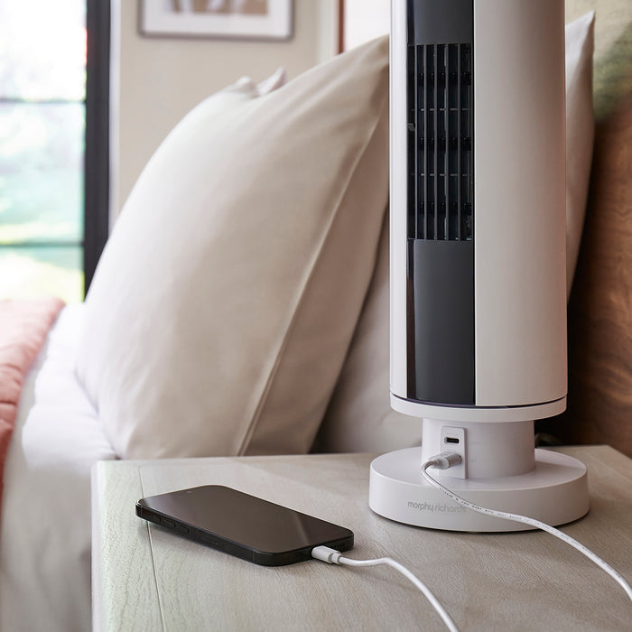 Air Flex 14" Personal Cooling Tower Fan with Built-In Device Charger - White