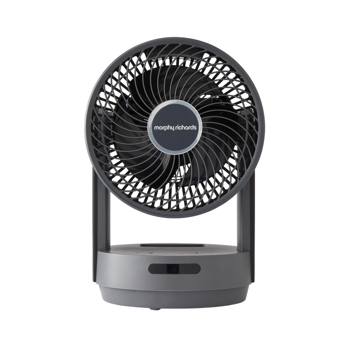 A black oscillating desktop fan with a remote control, featuring a circular design with three blades, a touch panel control on the front, and a stable base.