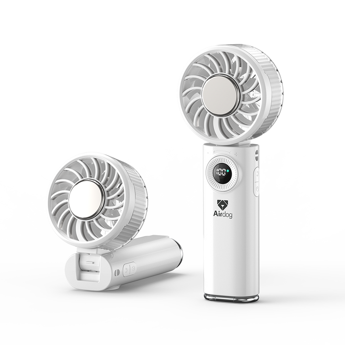 White AirDog handheld fan with digital display on a white background