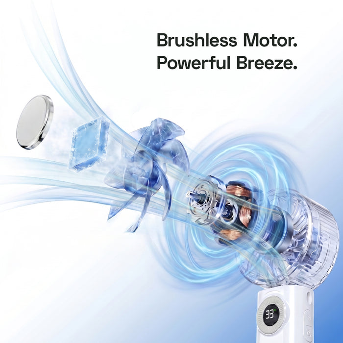 Illustration of a brushless motor with text 'Brushless Motor. Powerful Breeze.' on a white background